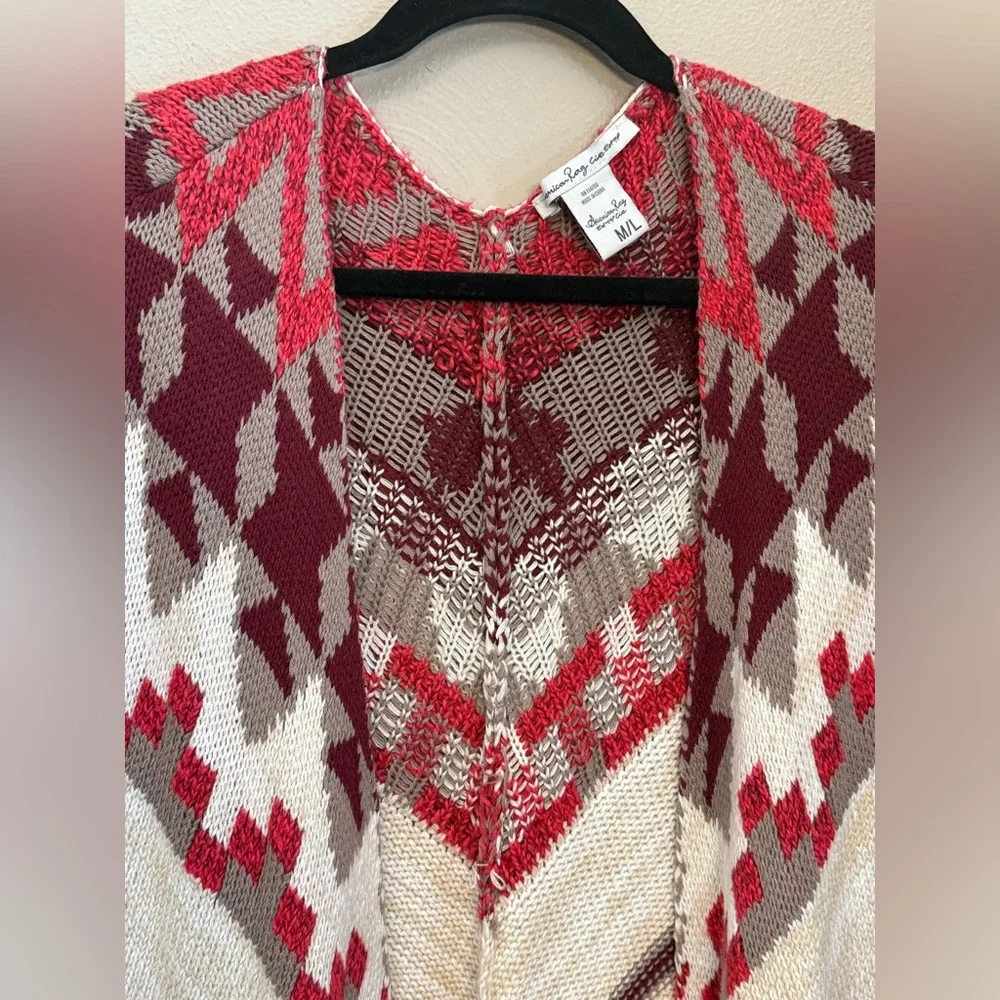 American Rag Aztec Western Fringe Open Poncho Cream Red Tan Size Women’s M/L - Picture 5 of 6